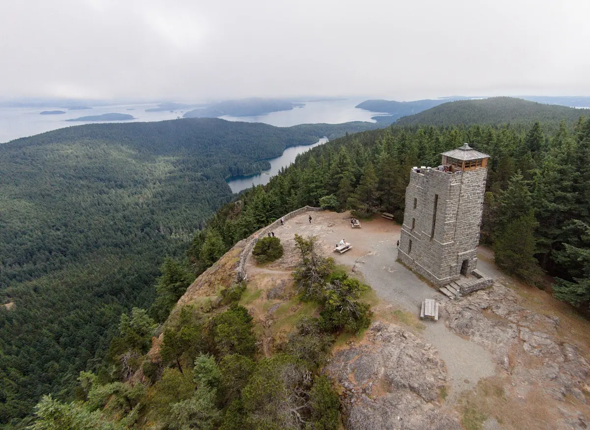 The stone tower on Mount Constitution above the islands